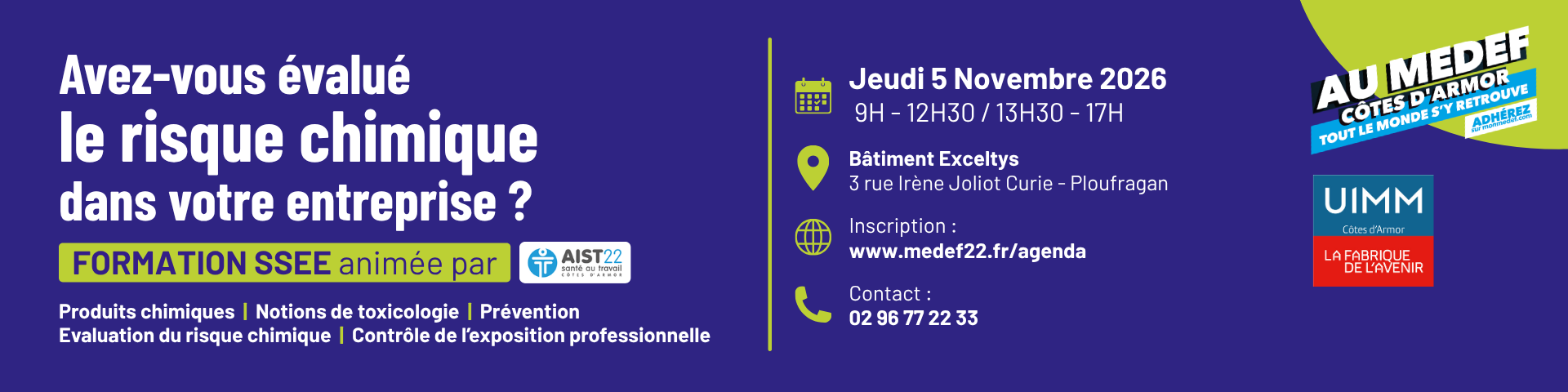 Avez-vous évalué le risque chimique dans votre entreprise. Une journée avec l'AIST 22 pour vous mettre à jour sur vos obligations de dirigeants.