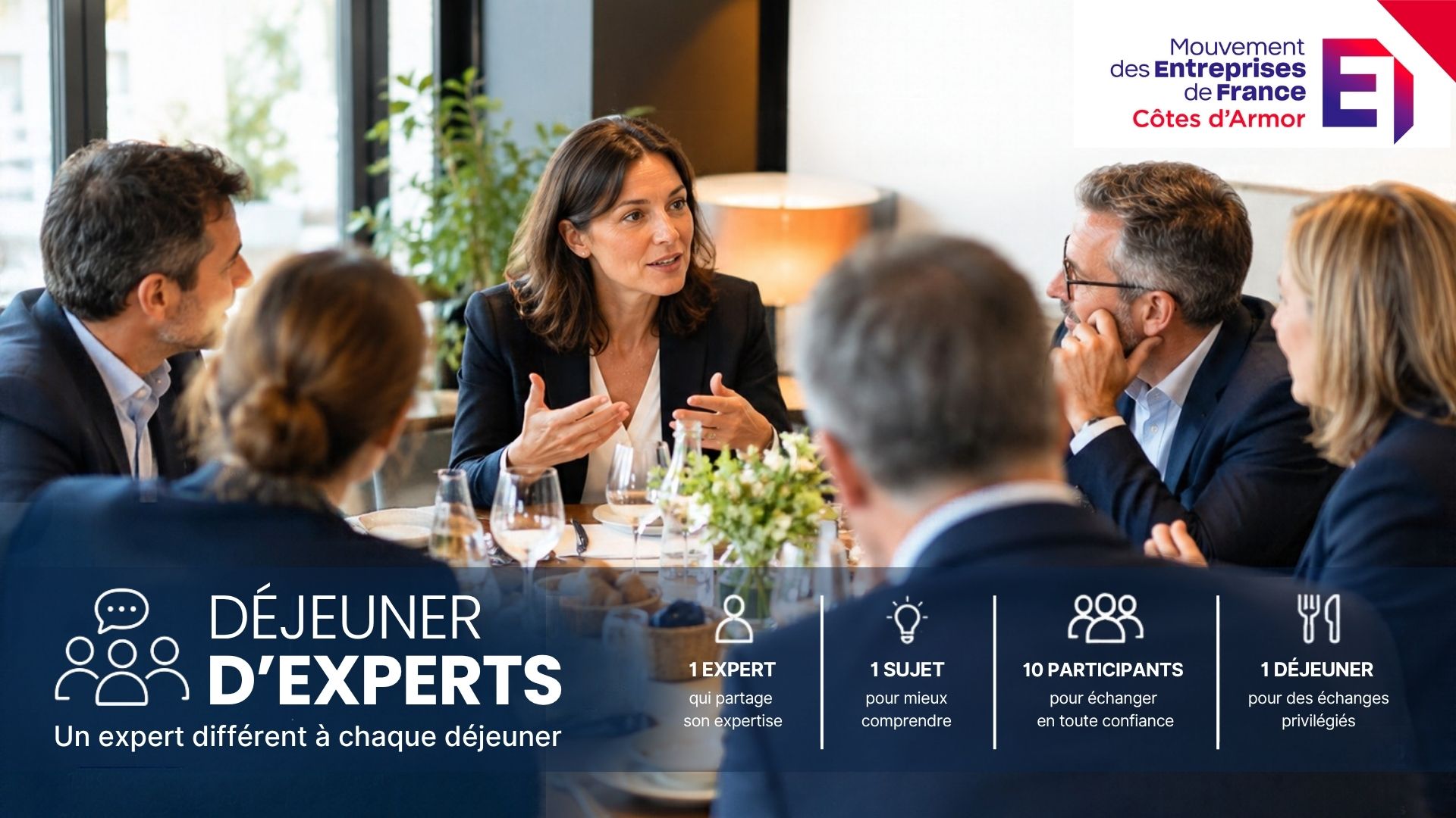 Charlotte Mignot vous invite au 1er déjeuner d'experts le 27 octobre au restaurant l'Envol à tremuson. Les déjeuner d'experts, nouveau format du medef 22 vous permet de poser vos questions. A chaque édition, un mandataire, un élu, un partenaire ou un professionnel vous répond.